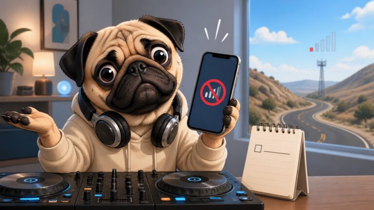 Pug DJ holds a phone with no signal beside an unchecked task list