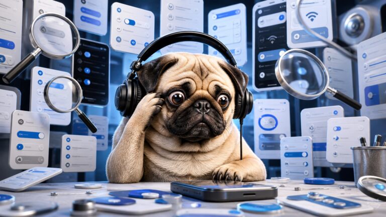 Pug DJ surrounded by confusing smartphone settings panels