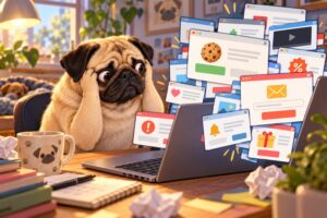 A puzzled fawn pug looking at website pop-ups on a laptop.