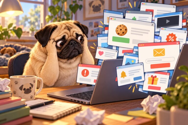 A puzzled fawn pug looking at website pop-ups on a laptop.