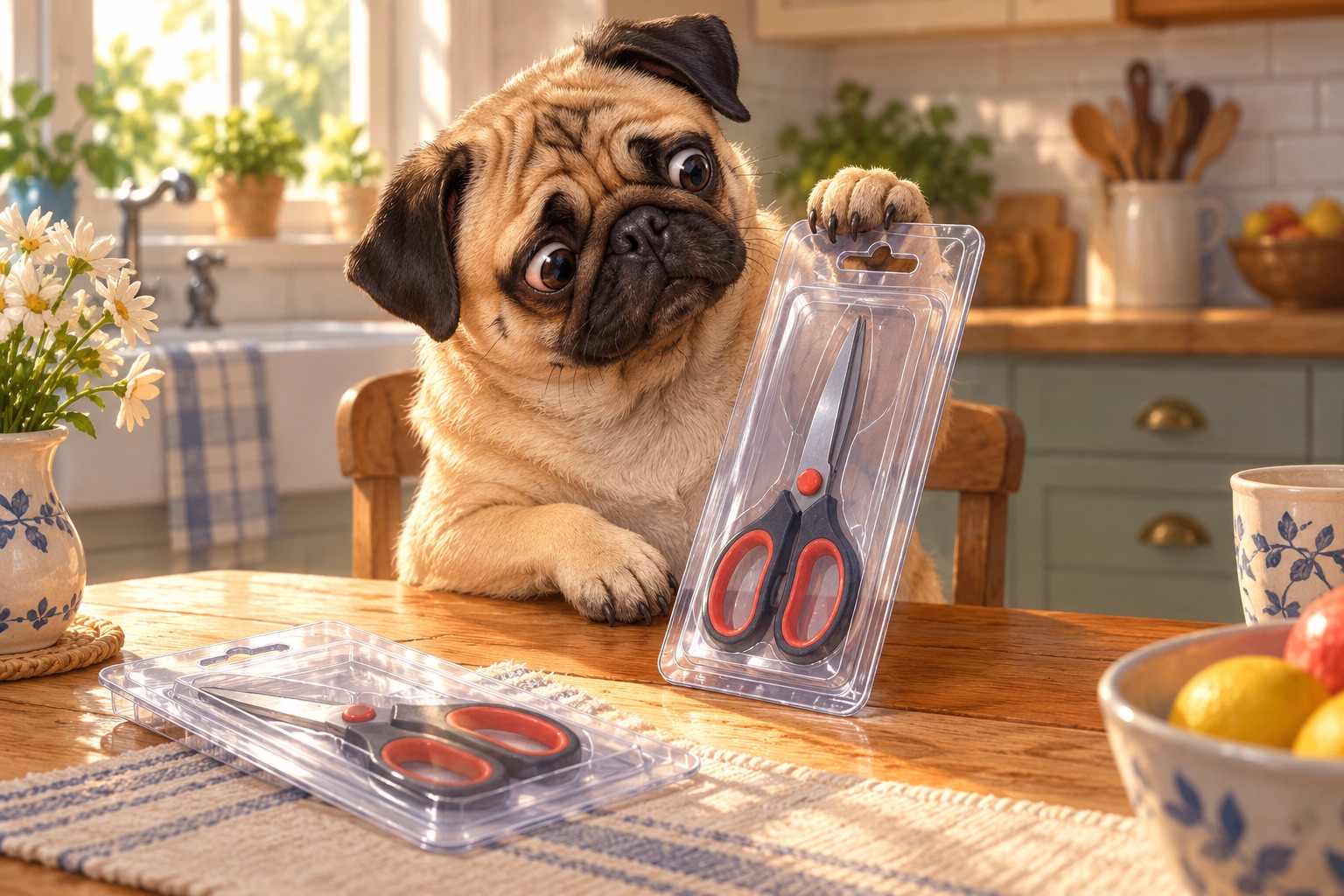 A puzzled pug studies scissors trapped inside tough plastic packaging.