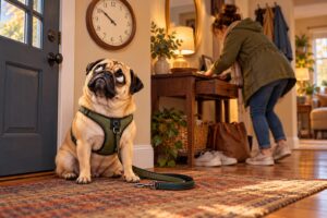 A patient pug waits by the front door while a human searches for keys.