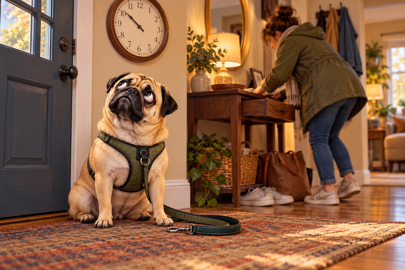 A patient pug waits by the front door while a human searches for keys.