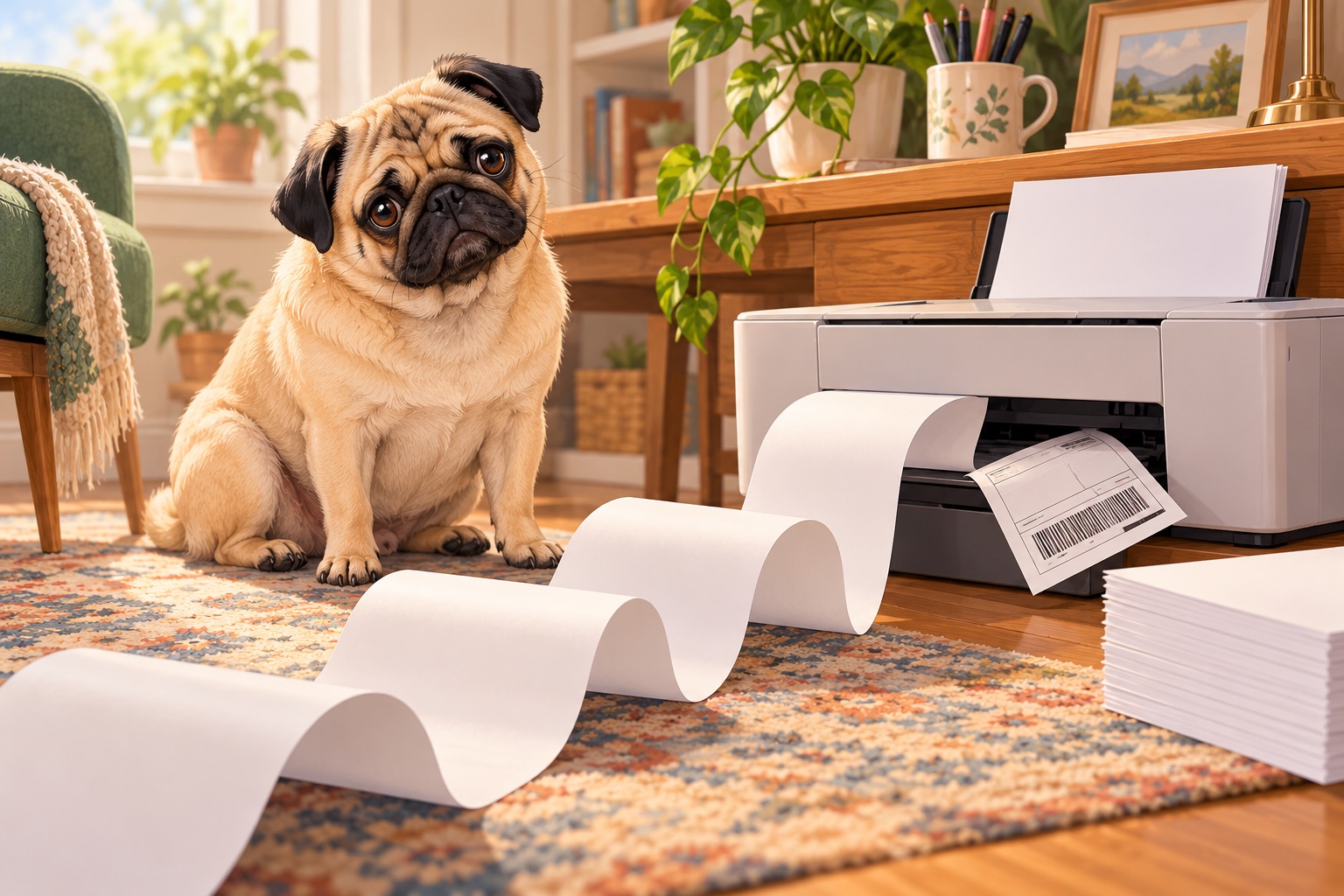 A disappointed pug sits beside a printer spilling blank paper and a crooked shipping label.
