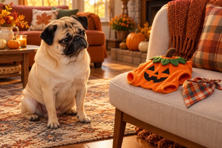 An unimpressed pug reviews a pumpkin costume and bandana in a cozy autumn living room.