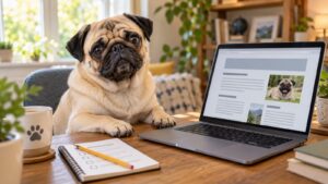 A fawn pug sits at a desk beside a laptop showing a neatly organized blog article and a paper checklist.