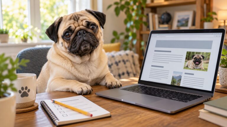 A fawn pug sits at a desk beside a laptop showing a neatly organized blog article and a paper checklist.
